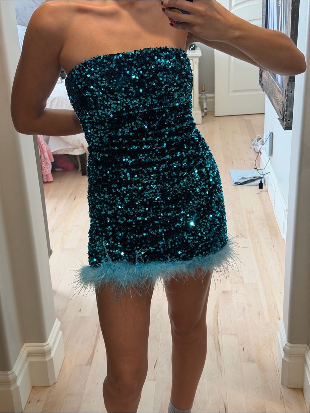Sequin Strapless Mini Dress with Feather Hem in Teal